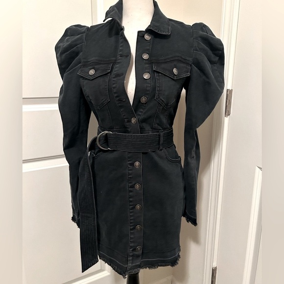 Black denim button down puff sleeve 80s long sleeve dress with belt - Picture 1 of 5